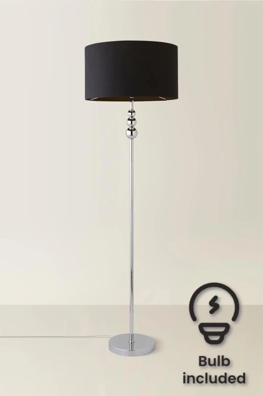 Image of ValueLights Marissa Fabric Drum Shade with Chrome Stacked Ball Floor Lamp with LED Bulb Black