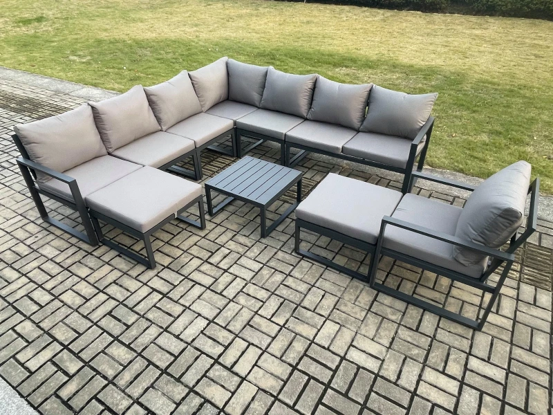 Image of Fimous Aluminium Outdoor Garden Furniture Set Lounge Corner Sofa Chair Square Coffee Table Sets with 2 Big Footstools Dark Grey Dark Grey Unisex