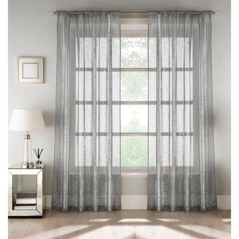 Image of Tyrone Textiles Pandora Metallic Print Voile Panel - Pair Grey