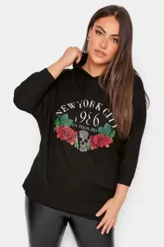 Image of Black 'New York City' Slogan Embellished Hoodie Dress