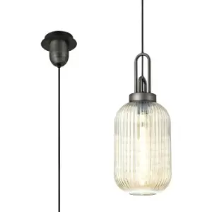 Image of Luminosa 1 Light Pendant E27 20cm Tubular Ribbed Glass, Champagne Black, Aged Pewter