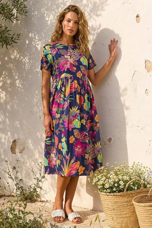 Image of Roman Womens Floral Print Cotton Midi Dress in Navy Size: 16 Navy Female 16