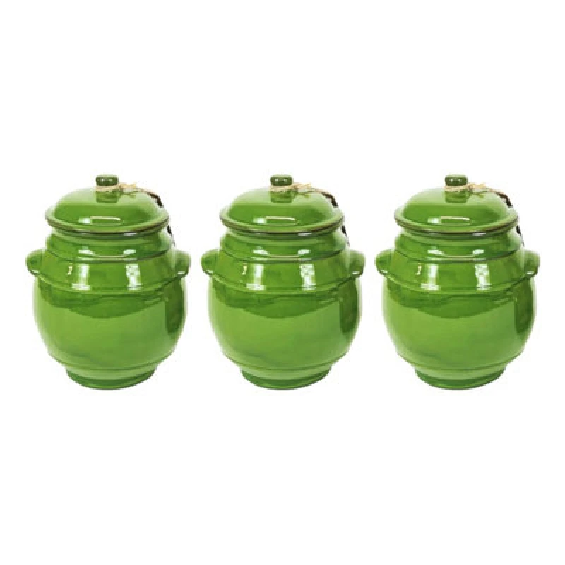 Image of Verano Spanish Ceramics Selena Fully Dipped Ceramic Kitchen Storage Jar w/ Lid H 15cm Set of 3 in Dark Green Dark Green Unisex
