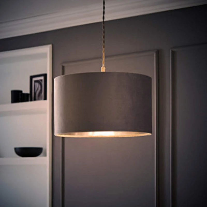 Image of ValueLights ValueLights Reni Pale Grey Velvet with Chrome Inner Easy Fit Lamp Shade and Bulb Size: Medium Pale Grey Medium Unisex 5059406062162