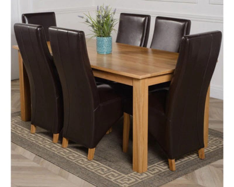 Image of Thats Furniture Oslo 180 x 90cm Large Oak Dining Table & 6 Lola Leather Chairs in Brown Brown Unisex 180 x 90 cm