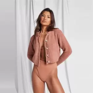 Image of Missguided Recycled Fluffy Knit Cropped Cardigan - Brown