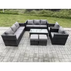 Image of Fimous 8 Seater Outdoor Dark Grey Rattan Lounge Complete Sofa Set with Oblong Rectangular Coffee Table and 2 Stools