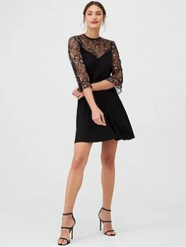 Image of Oasis Metallic Lace Flute Sleeve Skater Dress - Black, Multi Black Size M Women