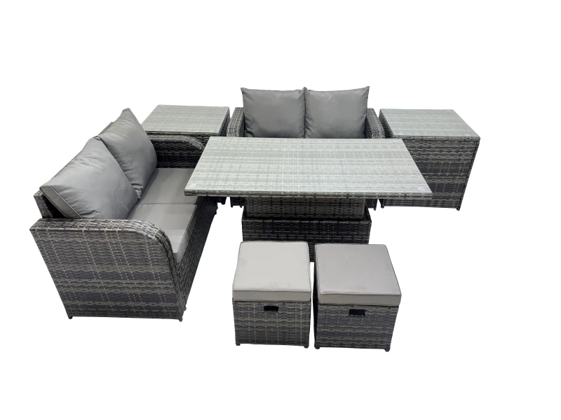 Image of Fimous 6-seater Patio Rattan Garden Furniture Dining Set with 2 Small Stools in Dark Grey Dark Grey Unisex