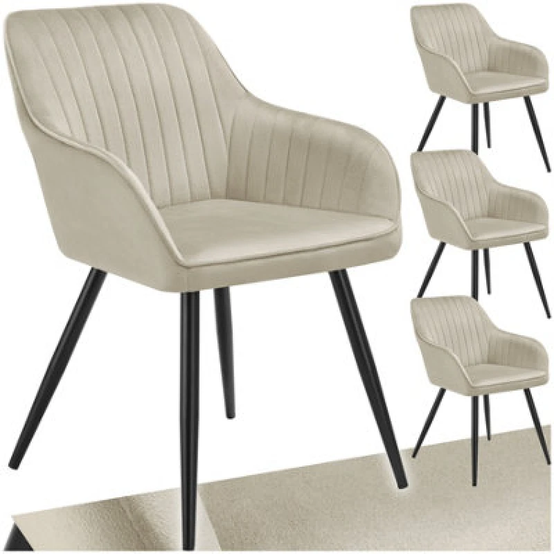 Image of Tectake Set Of 4 Chair Marilyn - Velvet Look, Quilted, Continuous Backrest, Slim Steel Legs - Cream/black