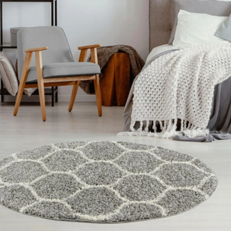 Image of THE RUGS Soft Trellis Shaggy Rugs & Runners Grey & Ivory Living Room Size: 120cm diameter Grey Unisex 120cm diameter