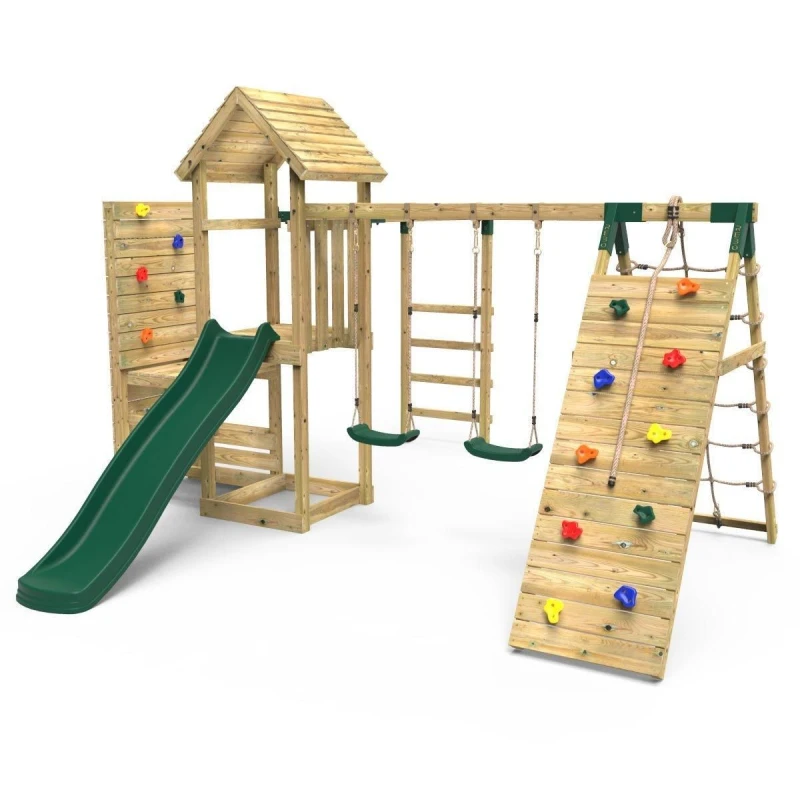 Image of Rebo Wooden Climbing Frame with Swings, Monkey Bars, Climbing Walls and Slide - Dolomite Green Green