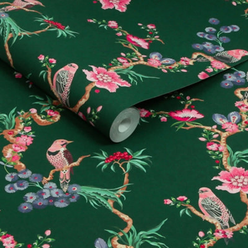 Image of Cath Kidston Birds & Berries Emerald Wallpaper Emerald unisex One size