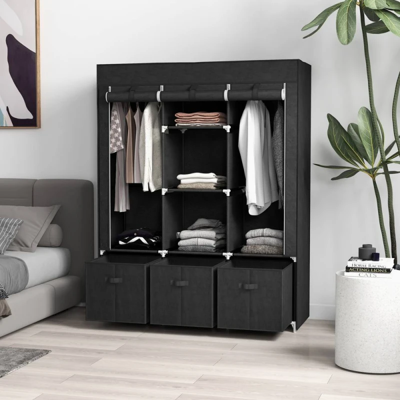Image of HOMCOM Portable Fabric Wardrobe with 5 Shelves & 3 Fabric Drawers, Black Unisex