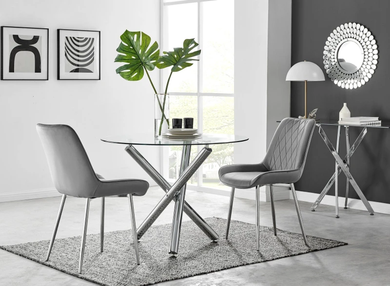 Image of FurnitureboxUK FurnitureboxUK Selina Round Glass Chrome Leg Dining Table and Pesaro Silver Leg Chairs in Grey Size: 4 Person Grey 4 Person Unisex 50