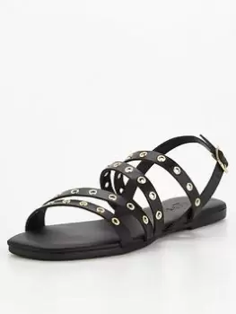 Image of PIECES Leather Stud Strap Sandal -black, Black, Size 36, Women