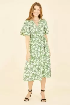 Image of Green Floral Wrap Midi Dress