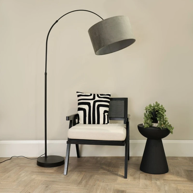 Image of ValueLights Louis Black Arched Curved Floor Lamp with Velvet Drum Lamp Shade Grey