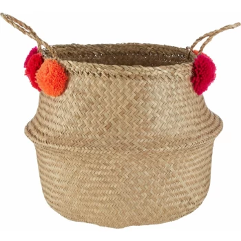 Image of Small Natural Seagrass Pom Pom Basket Decorative Storage Basket With Red and Orange Pom Poms Baskets With Handles w30 x d30 x h28cm - Premier