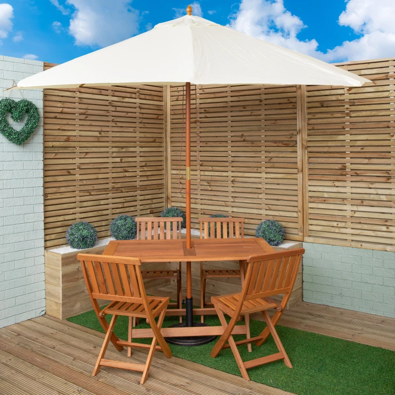 Image of Outdoor 4 Person Folding Rectangular Wooden Garden Dining Table Chairs Cream Parasol and Base Set