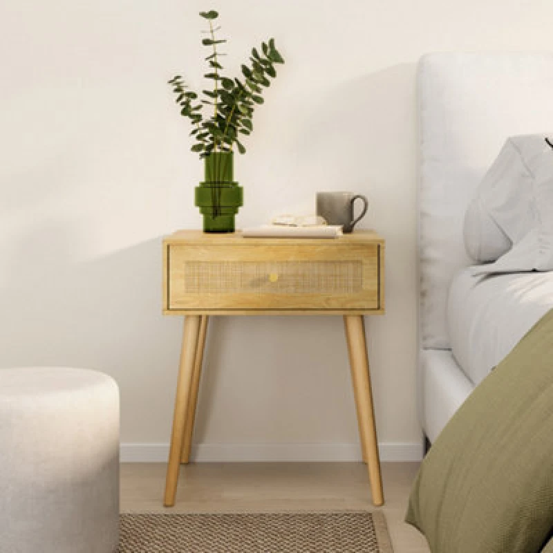 Image of Vonhaus Bedside Table For Bedroom, Scandi Natural Rattan 1 Drawer Nightstand, Side Table For Living Room, Bedside Storage Cabinet