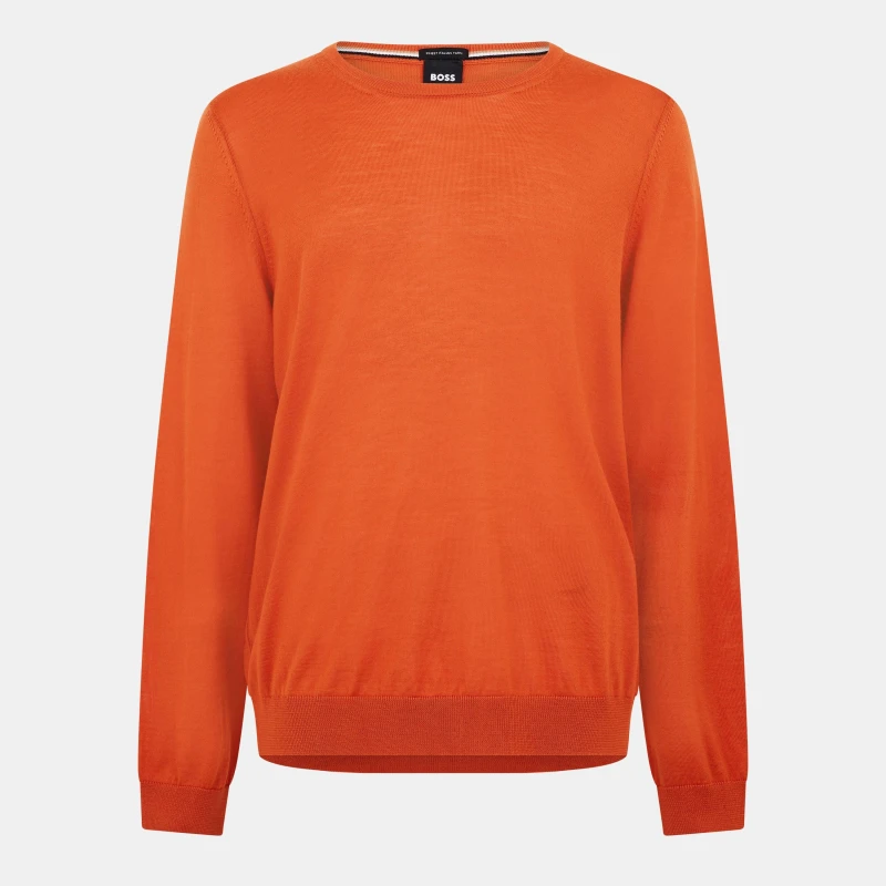 Image of Boss Mens Leno Knit Jumper, Soft Virgin Wool Dark Orange male Small