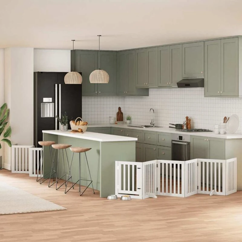 Image of vidaXL Dog Gate with Door Foldable 15 Panels White 750cm Poplar Wood, White 3155649