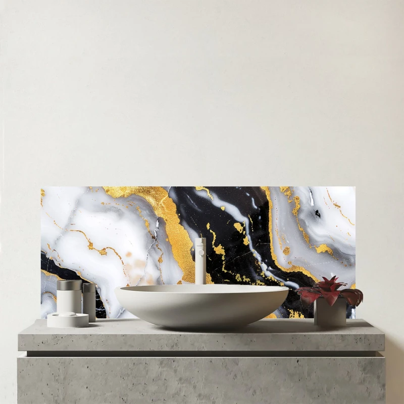 Image of Warren Reed - Designer White Backed With Gold Marble Effect Glass Bathroom Splashback in Black Unisex