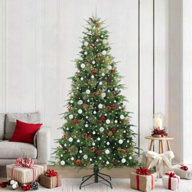 Image of vidaXL Artificial Hinged Christmas Tree with White Balls Green 240cm PE and PVC, Green 3397448