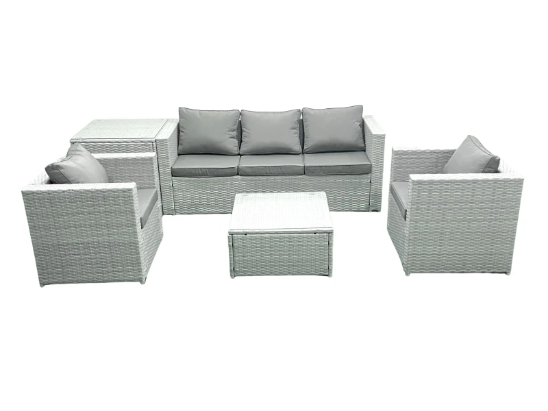 Image of Fimous 5 Seater Rattan Garden Furniture Set with 3 Seater Sofa 2 Chair Square Coffee Table Side Table Light Grey Mixed Light Grey