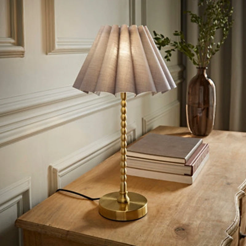 Image of ValueLights ValueLights Maeve Scallop Pleated Tapered Shade Brushed Gold Bobbin Table Lamp with LED Bulb in Grey Grey One Size Unisex 5059406067150