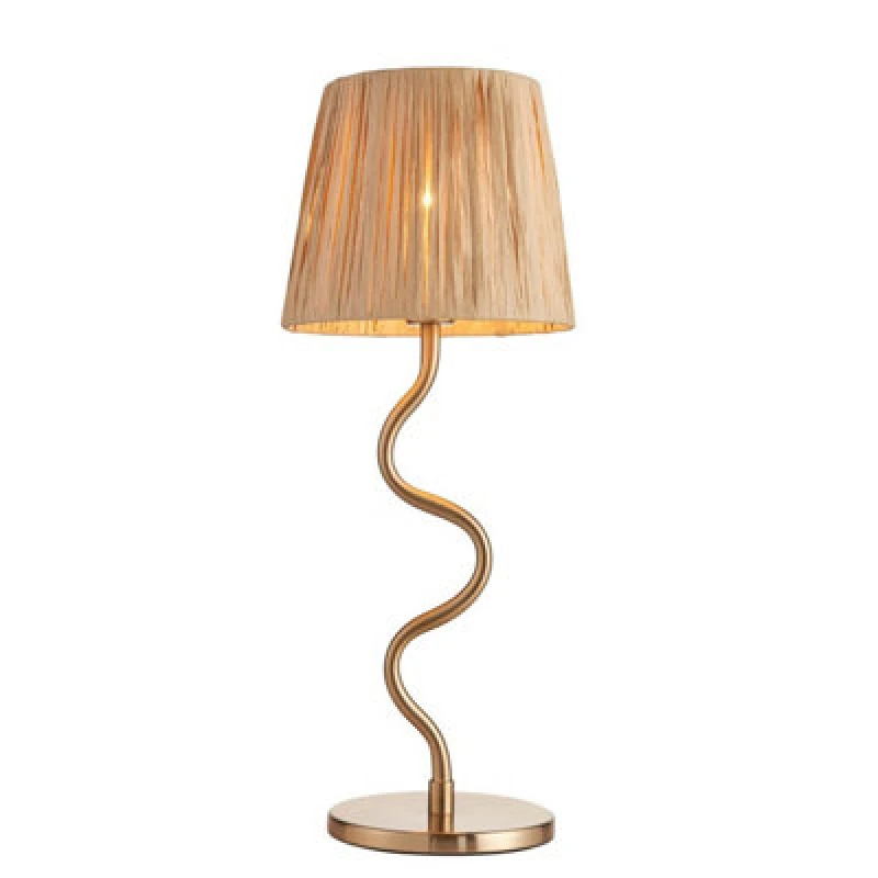 Image of Wriggle Table Lamp with Round Tapered Shade Brushed Aged Brass Plate, Natural Raffia, 1x E14