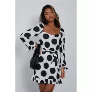 Image of I Saw It First Jersey Polka Dot Long Sleeve Tie Waist Tea Dress - White
