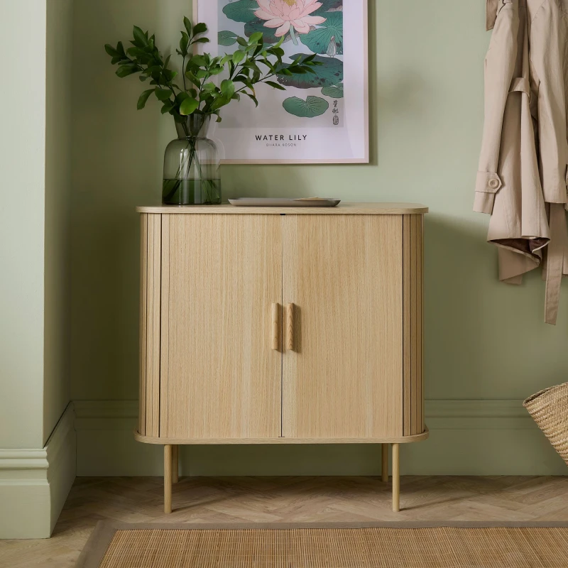 Image of Vonhaus Sideboard For Living Room, Sliding Door Tambour Cabinet & 3 Shelves, Living Room Storage Cupboard For Hallway, Landos