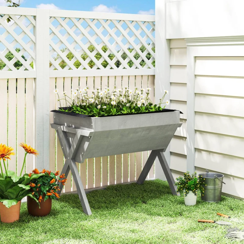 Image of OUTSUNNY Wooden Planter Raised Bed Stand Vegetable Flower Bed, Light Grey Light Grey Unisex