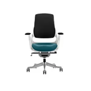 Image of Dynamic Synchro Tilt Executive Chair Height Adjustable Arms Zure Black Back, Maringa Teal Seat, White Frame Without Headrest High Back