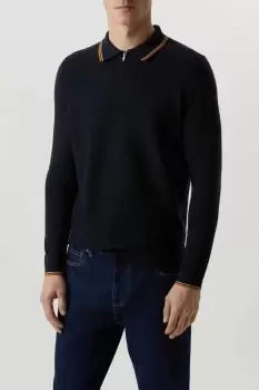 Image of Super Soft Navy Tipped Texture Knitted Zip Polo Shirt