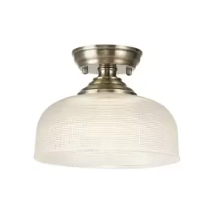 Image of Luminosa Talisa Flush Ceiling Lamp E27 With Round 26.5cm Prismatic Effect Glass Shade Antique Brass, Clear