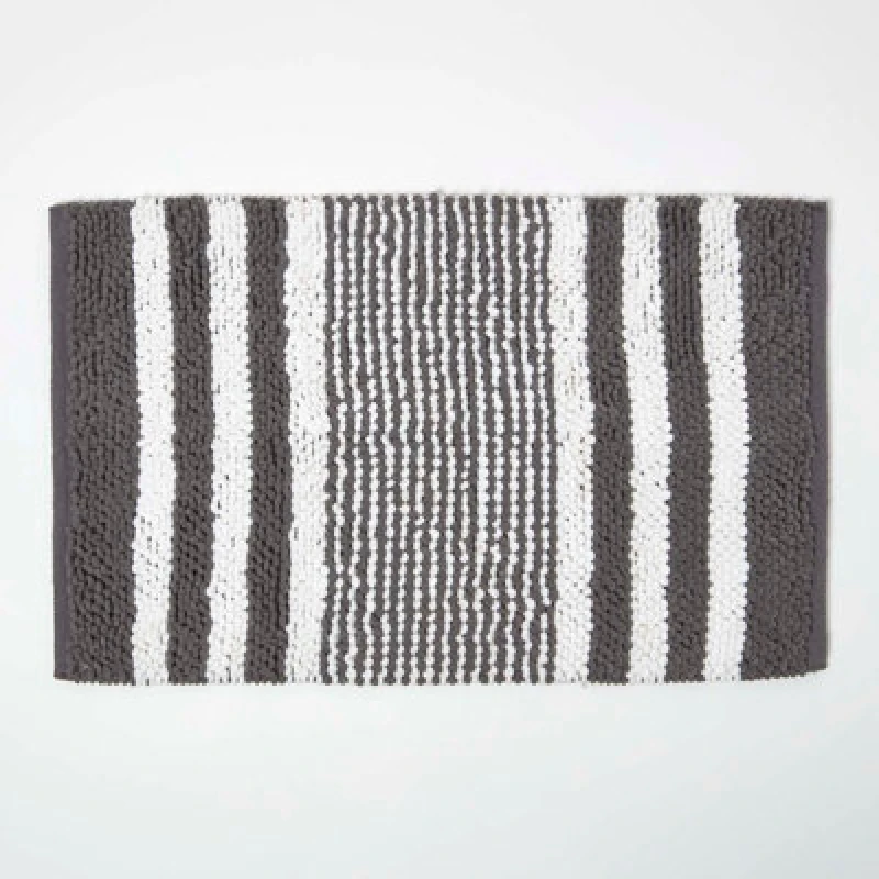 Image of Homescapes Charcoal Chenille Stripe Bath Mat 100% Cotton, 50 X 80 Cm