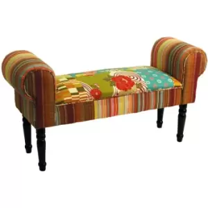 Image of PATCHWORK - Shabby Chic Chaise Pouffe Padded Stool / Wood Legs - Multi-coloured - Black / Multi-coloured