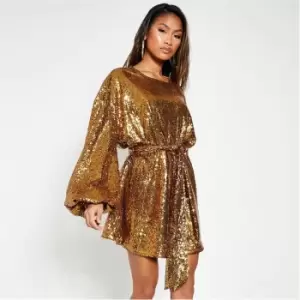 Image of I Saw It First Sequin Balloon Sleeve Tie Wasit Skater Dress - Metallics