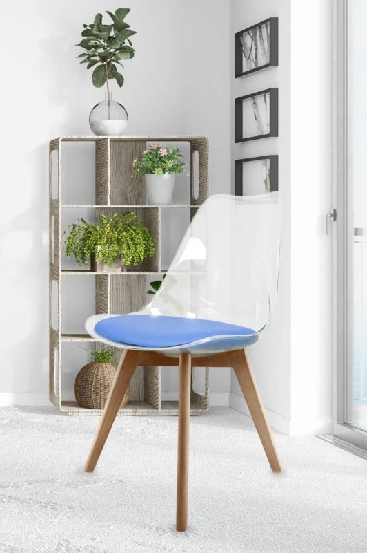 Image of Fusion Living Soho Clear Plastic Dining Chair with Squared Light Wood Legs in Blue Blue Unisex
