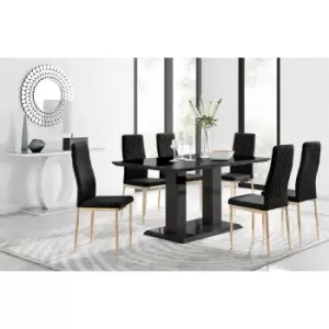 Image of Furniture Box Imperia 6 Black Dining Table and 6 Black Velvet Milan Gold Leg Chairs