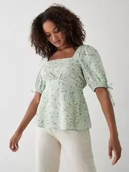Image of Dorothy Perkins Ditsy Tie Sleeve Tea Blouse - Green, Size 18, Women