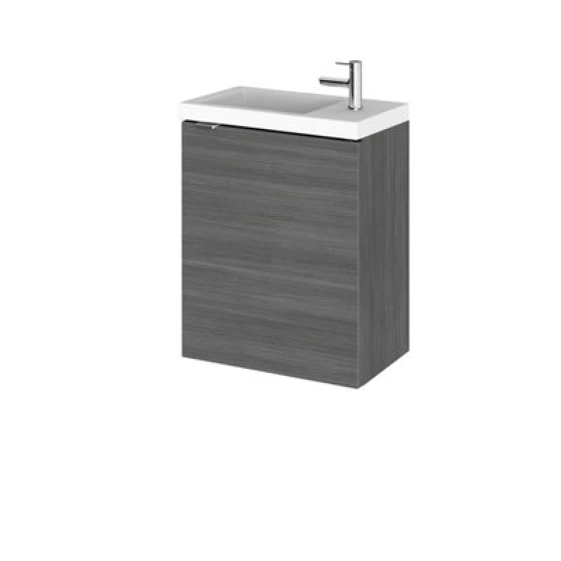 Image of Hudson Reed Fusion Wall Hung 1 Door Vanity Unit & Compact Polymarble Basin, Sink Vanity Unit, Anthracite Woodgrain, 400mm
