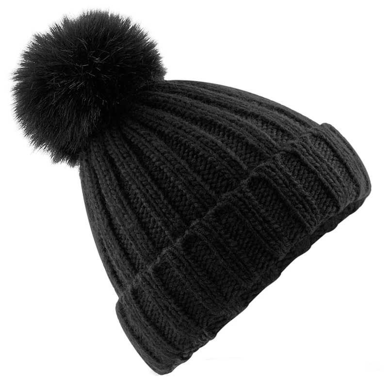 Image of Beechfield Beechfield Verbier Faux Fur Pom Pom Beanie in Black One Size Unisex 5063417909460