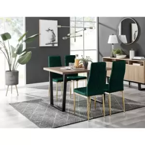 Image of Furniturebox UK - Furniturebox Kylo Brown Wood Effect Dining Table & 4 Green Milan Velvet Dining Chairs With Gold Legs Diamond Stitch Modern