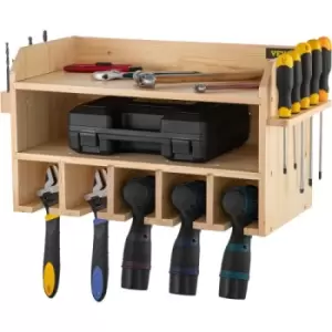 Image of VEVOR Power Tool Organizer, Wall Mount Drill Holder, 5 Drill Hanging Slots Drill Charging Station, 2-Shelf Cordless Drill Storage, Polished Wooden Too