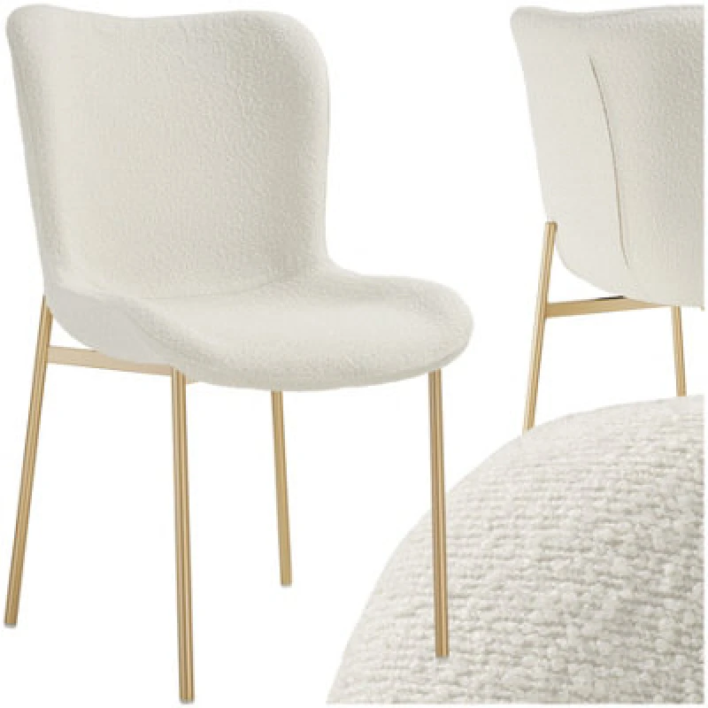 Image of Tectake 1 Dining Chair Tessa - Ergonomic High Backrest, Slim Steel Legs, Soft Fabric - Boucle White/gold