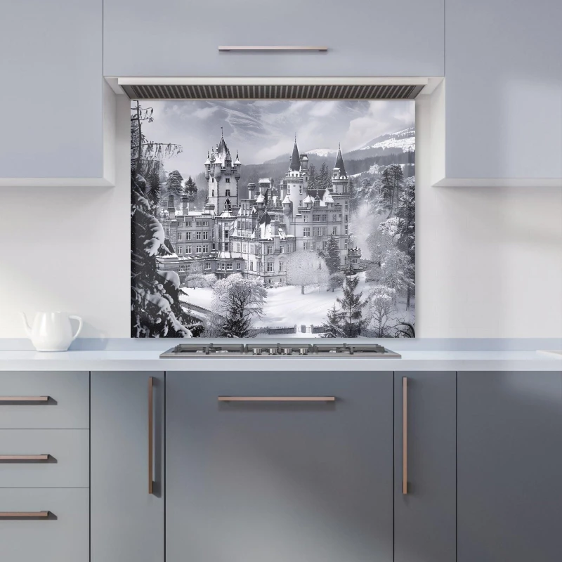 Image of Warren Reed - Designer Snow-Covered Balmoral Castle Kitchen Splashback in Brown Size: 700mm x 650mm Brown Unisex 700mm x 650mm